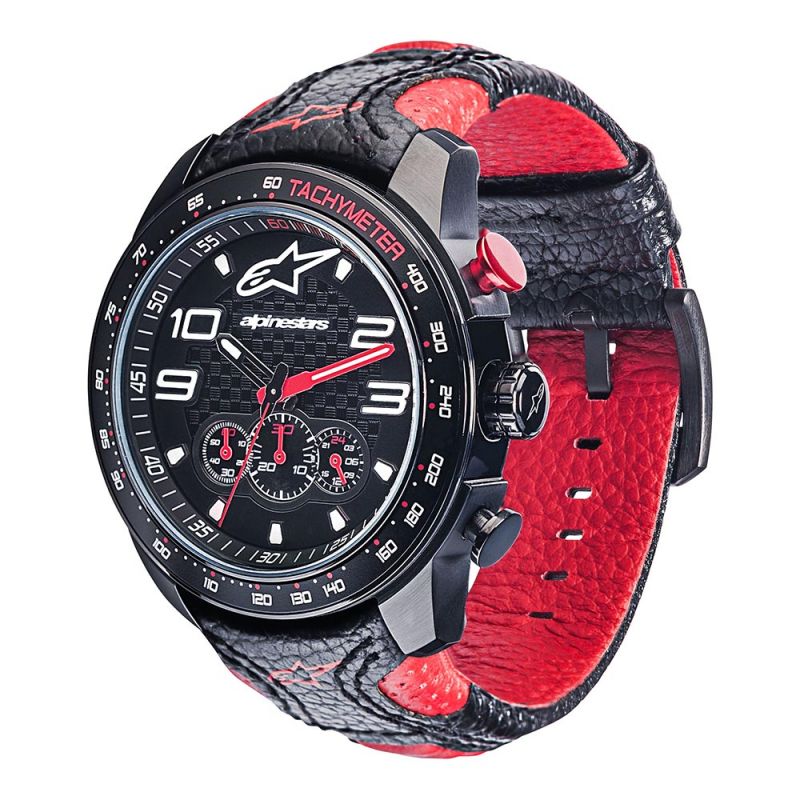 Tech Watch Chrono Black Leather-Black/Red