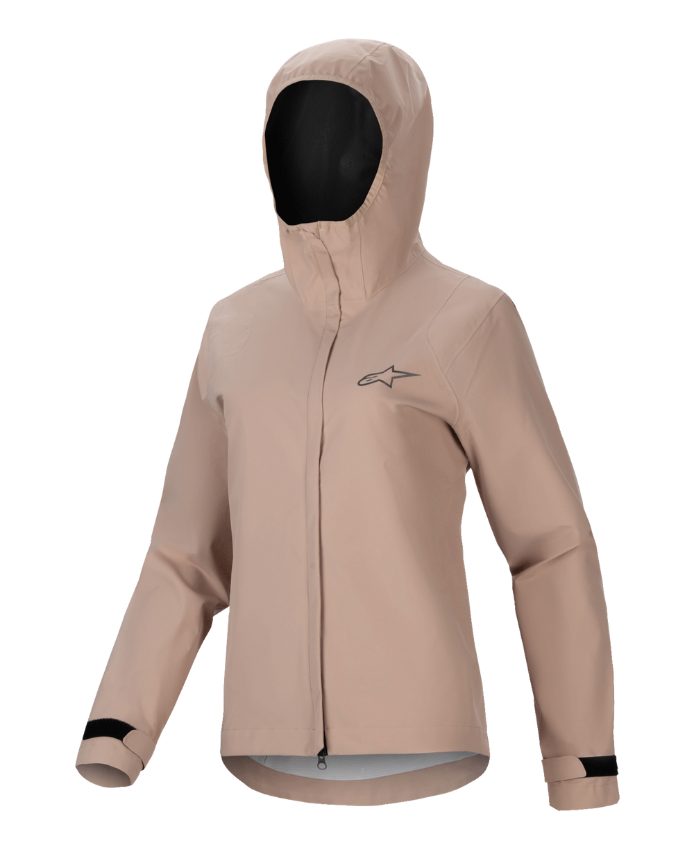 Alpinestars Stella A-Dura Rain Jacket, Women's Cycling Rain Jacket, Light Brown, hooded design with front zipper and storm flap, black adjustable Velcro cuffs, featuring a small chest logo, waterproof and breathable performance material for MTB riding
