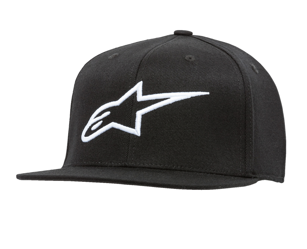 Alpinestars Ageless Flatbill Hat, Black Baseball Cap with White Embroidered Star Logo, Structured Flat Brim Design, Ventilation Holes, Motorsports Lifestyle Headwear