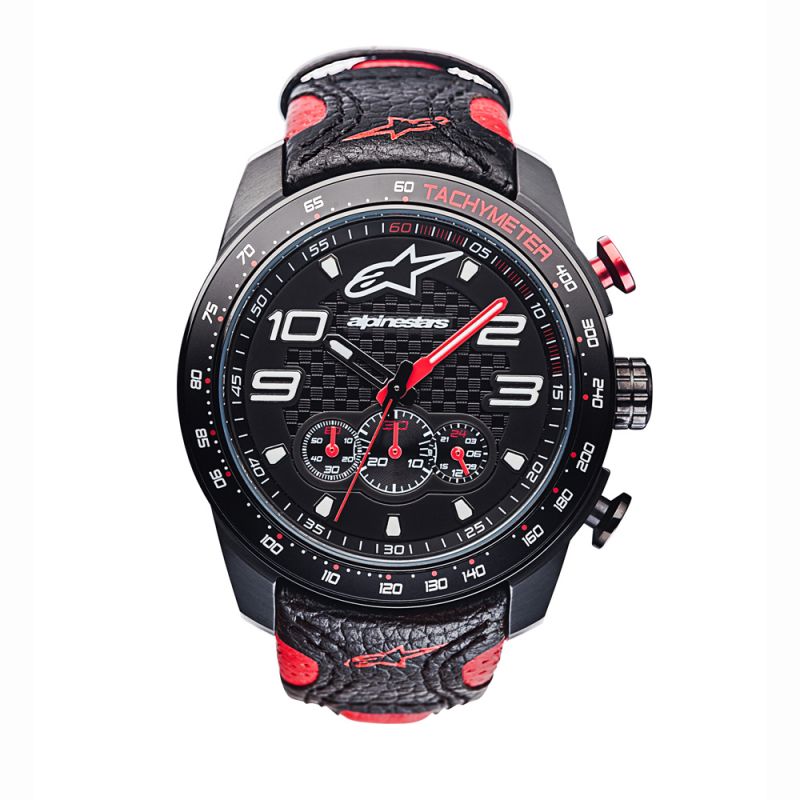 Tech Watch Chrono Black Leather-Black/Red