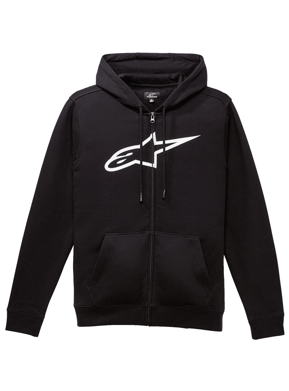 Alpinestars Ageless Zip V3 Hoodie, Full-Zip Hoodie, Black with Large White Alpinestars Chest Logo, Drawstring Hood, Ribbed Cuffs and Hem, Casual Motorsport-Inspired Streetwear