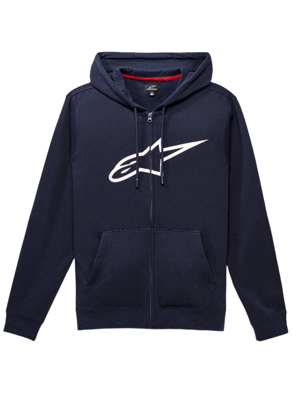 Alpinestars Ageless Zip V3 Hoodie, navy blue full-zip sweatshirt, large white Alpinestars logo on chest, drawstring hood, front kangaroo pockets, ribbed cuffs and hem, casual motorsport-inspired streetwear