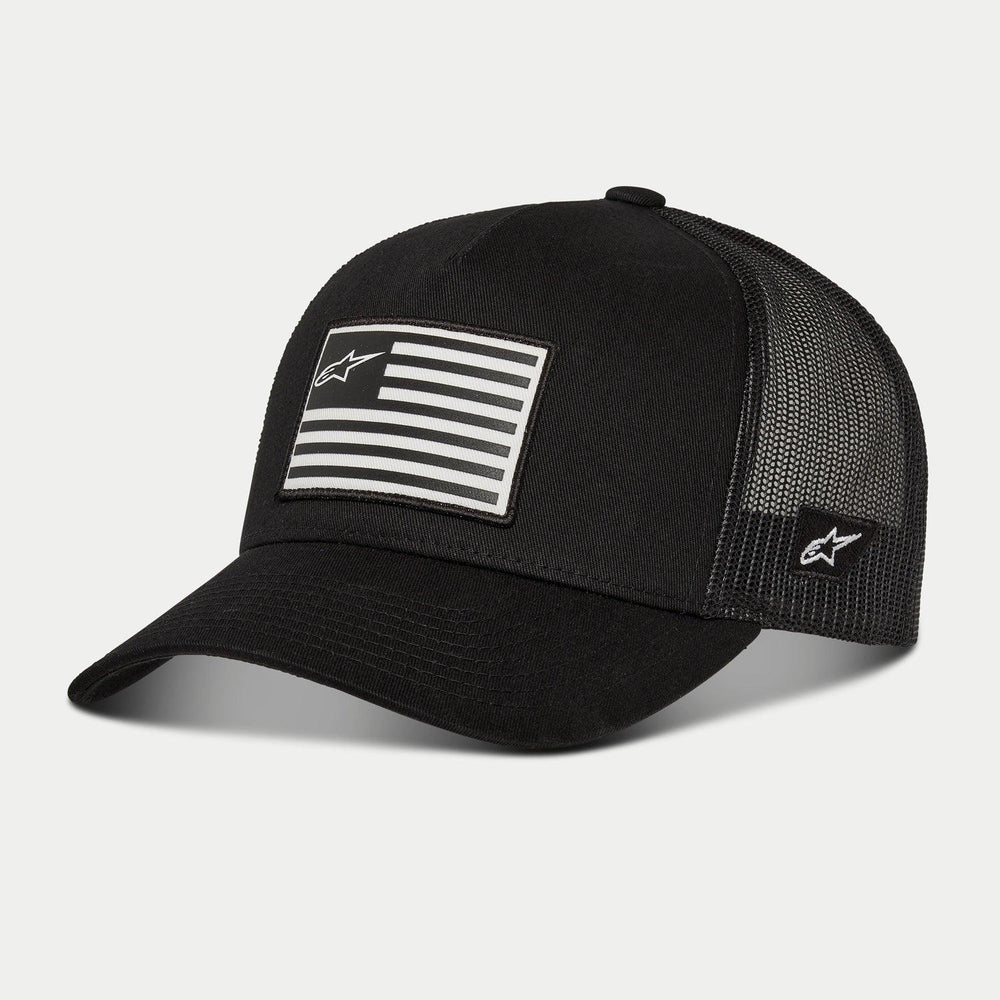 Alpinestars Flag Snapback Hat, Black, baseball cap featuring a black mesh back and curved bill, front printed flag patch with Alpinestars logo, side logo embroidery, casual motorsport-inspired headwear