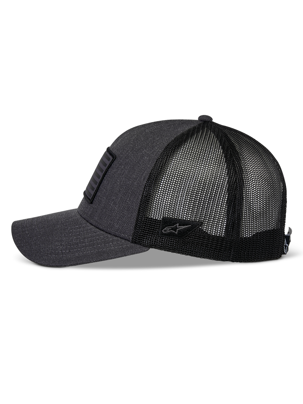 Alpinestars Flag Snapback Hat, Charcoal Heather and Black, side profile view, curved bill with structured crown, twill front and black poly mesh back, small Astars logo patch on the side, casual motorsport headwear