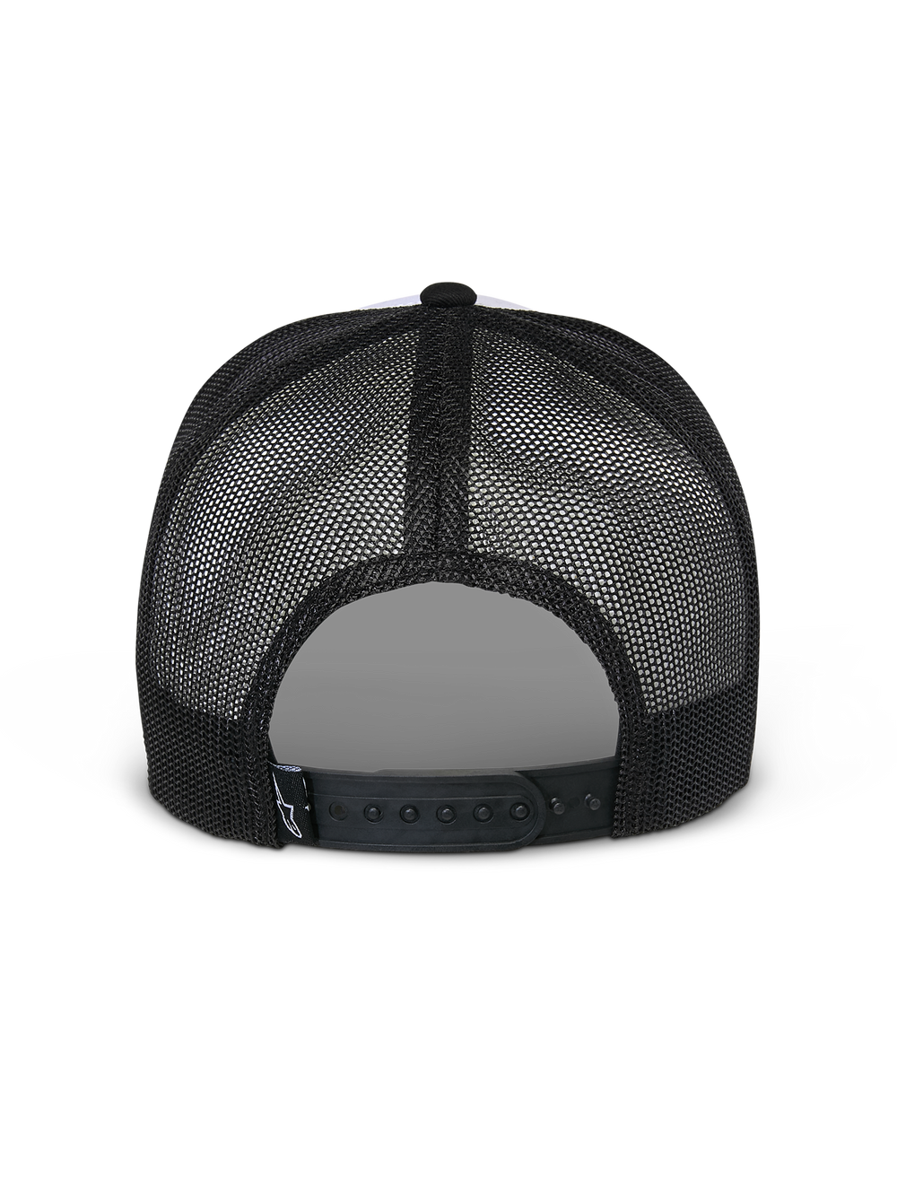 Alpinestars Flag Snapback Hat, White and Black, back view showing black mesh panels and adjustable snapback closure, casual motorsport headwear