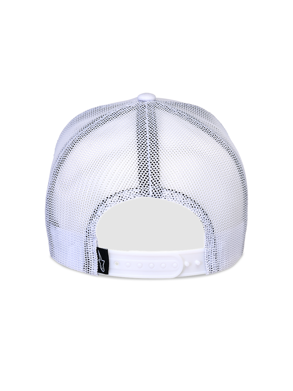 Alpinestars Flag Snapback Hat, White, back view featuring breathable white mesh panels, adjustable snapback closure, and small black logo tag, classic trucker hat design.