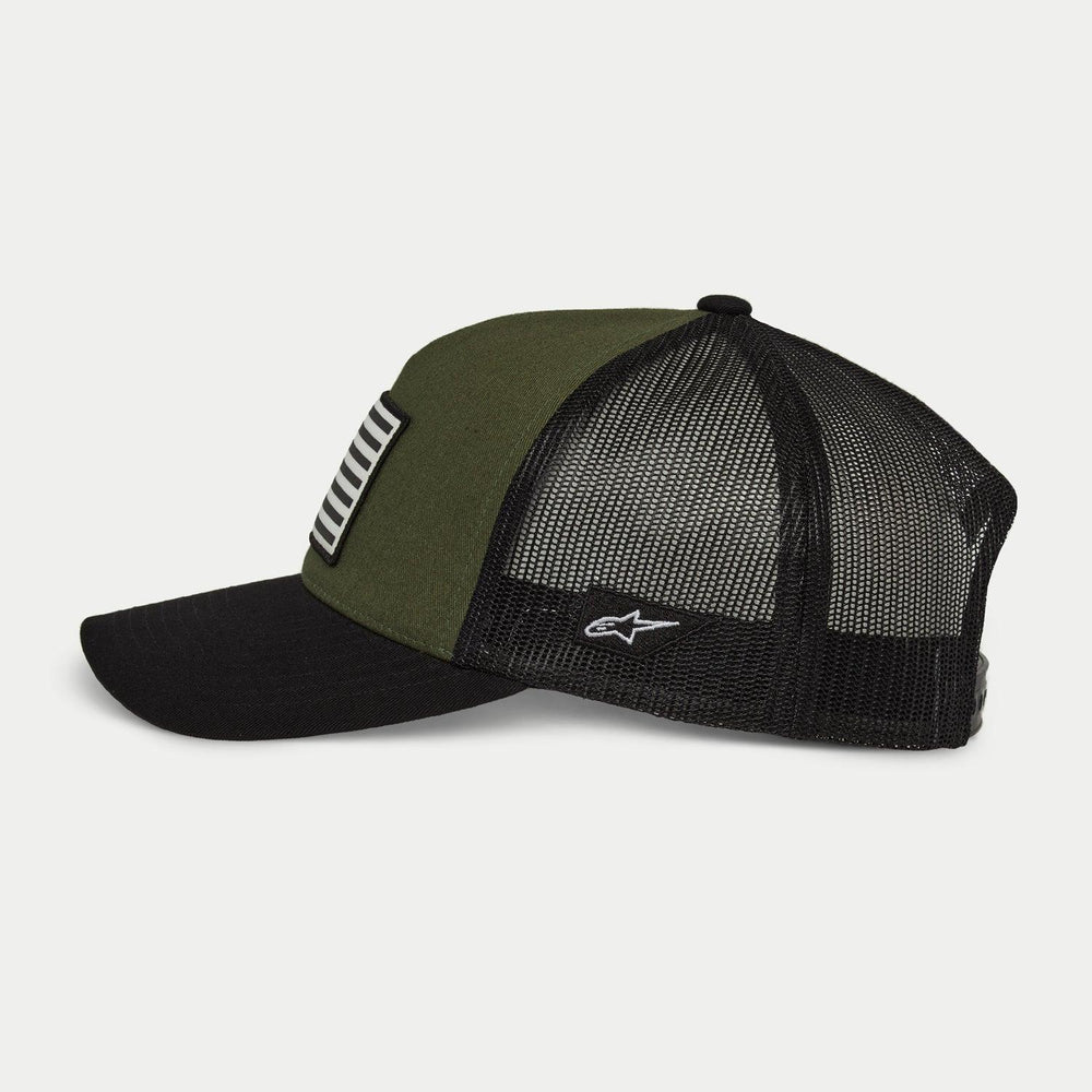 Alpinestars Flag Snapback Hat in Military Black, side profile view, olive green front panel with black curved bill and black mesh back, white embroidered logo on the side, casual motorsport-inspired headwear