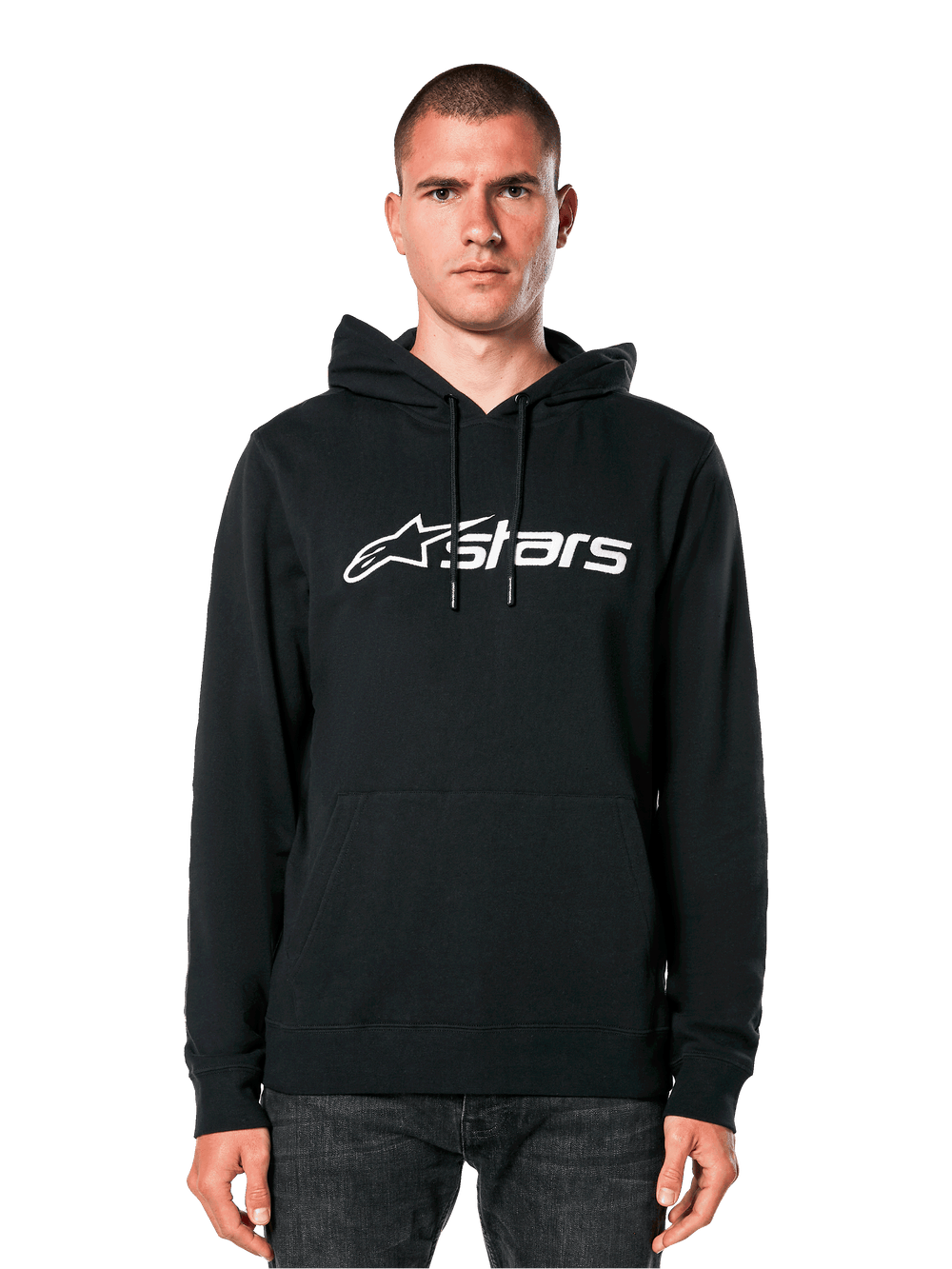 Alpinestars Blaze V3 Hoodie, black with white logo, casual streetwear, featuring front kangaroo pocket and drawstring hood, worn by a man, modern motorsport-inspired design