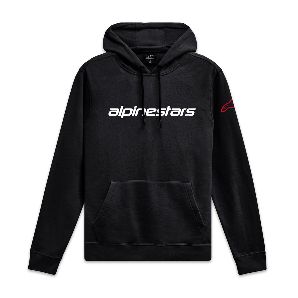 Alpinestars Linear Wordmark V3 Hoodie, black pullover sportswear hoodie with white front chest logo and red sleeve branding
