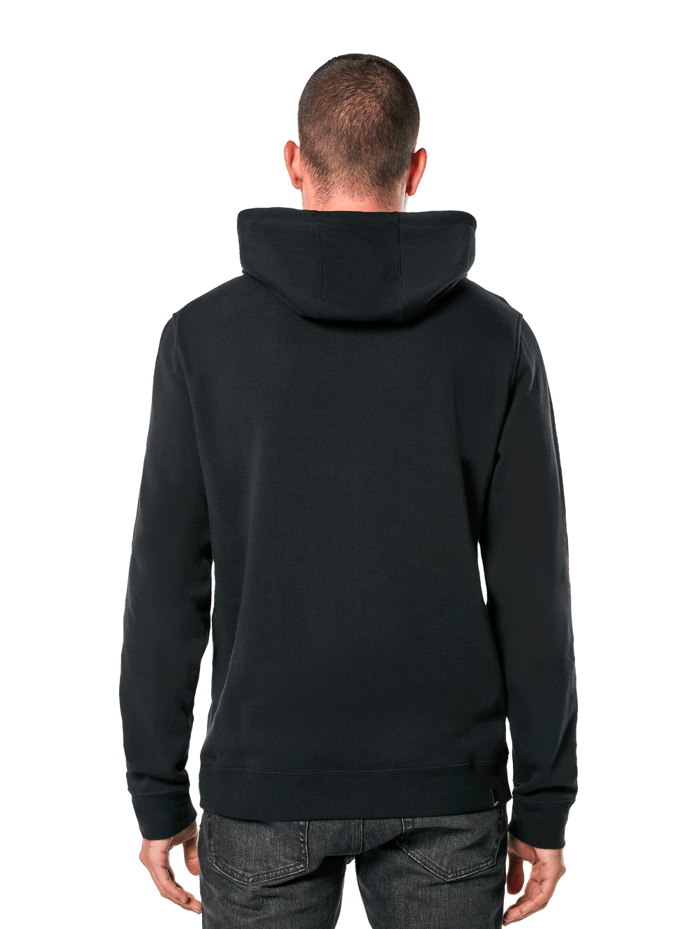 Alpinestars Ride 4.0 Hoodie, back view, casual black streetwear, solid hooded pullover fleece with rib cuffs and hem, worn with dark jeans, modern motorsport-inspired design