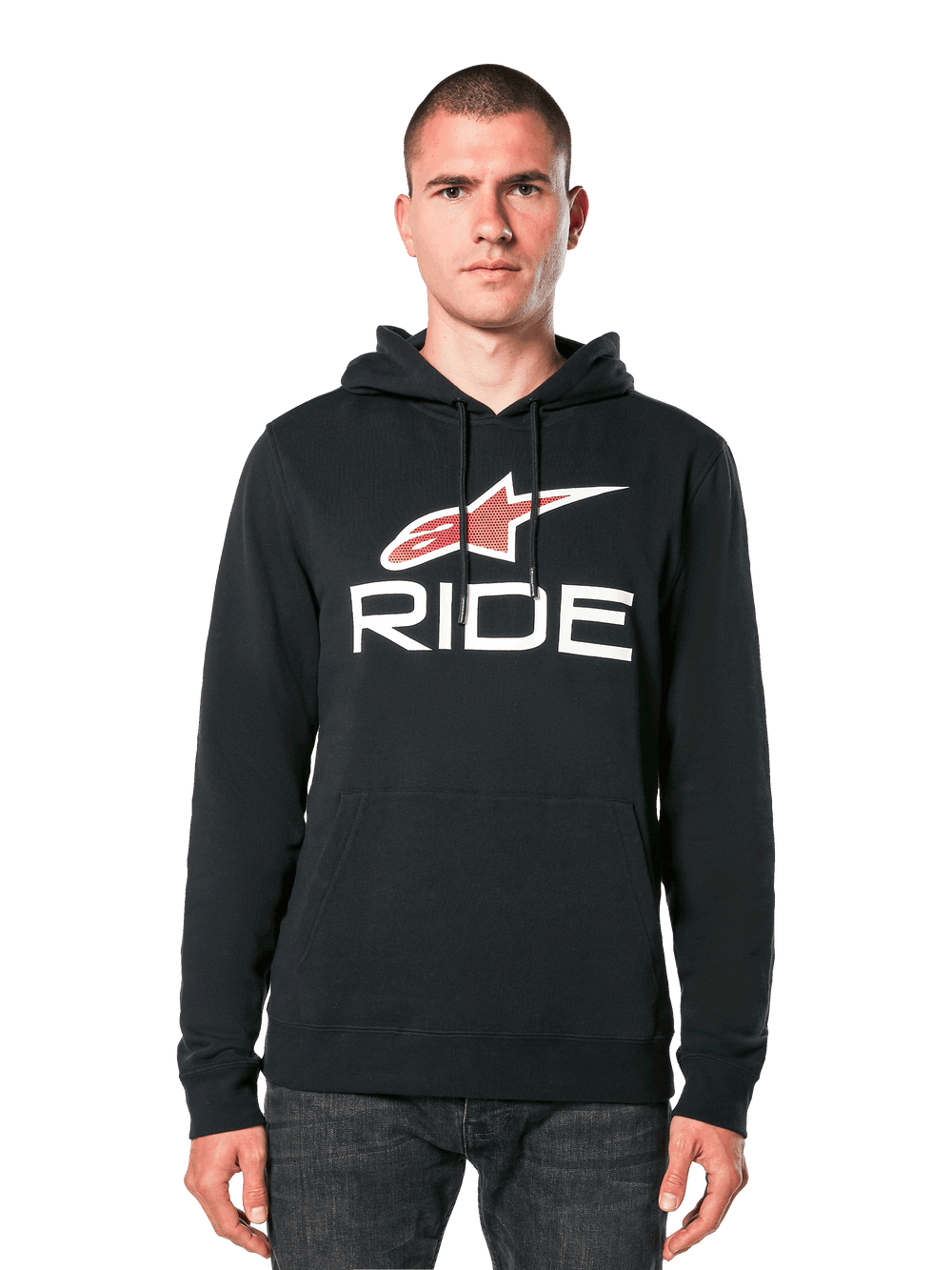 Alpinestars Ride 4.0 Hoodie, Black with Red and White Star Logo and RIDE text, pullover fleece with drawstring hood and front pocket, casual motorsport-inspired apparel