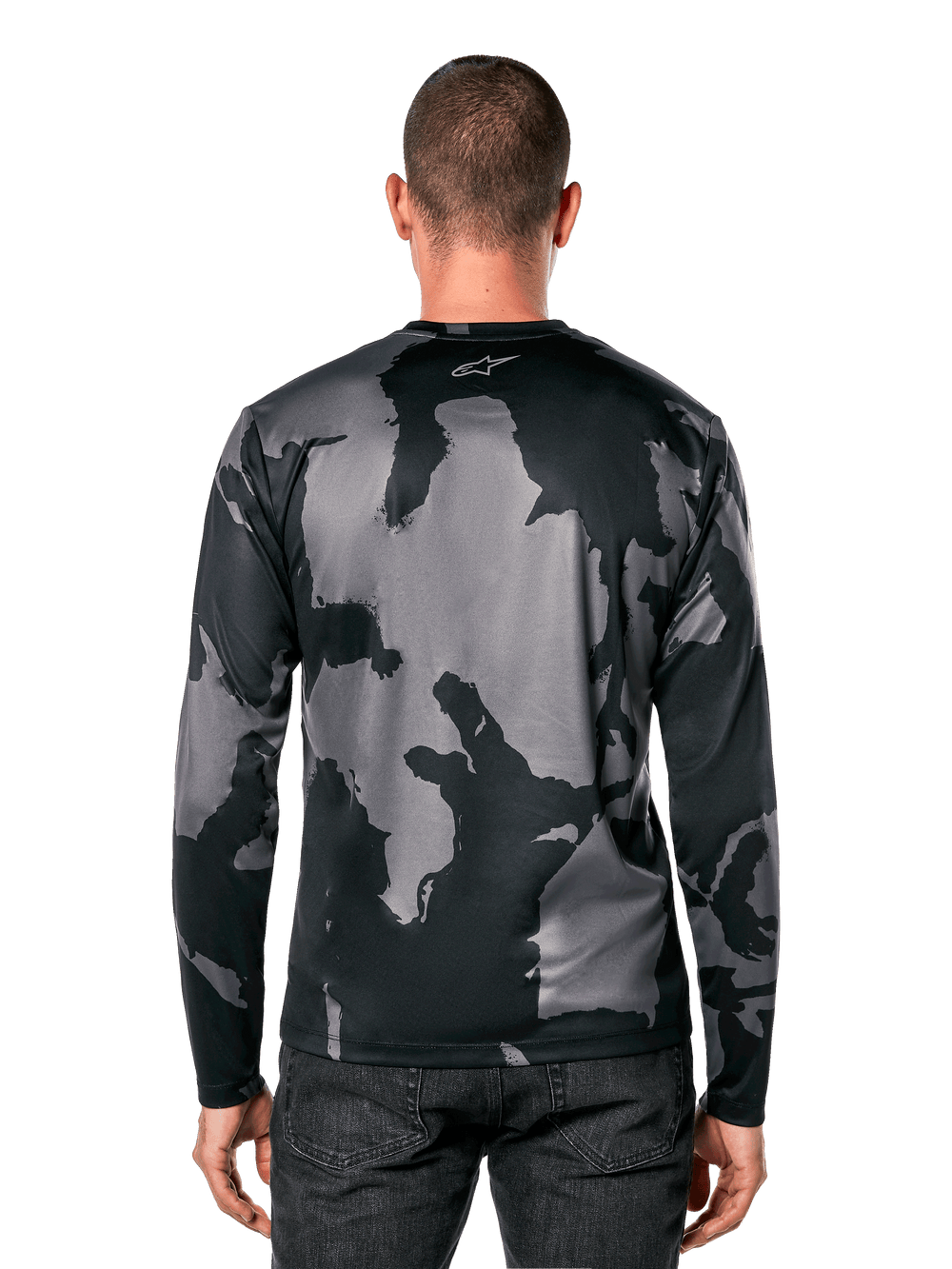 Alpinestars Camo Performance Long Sleeve Tee, Men's Sportswear, Black and Gray Camo, wicking fabric with back logo detail.