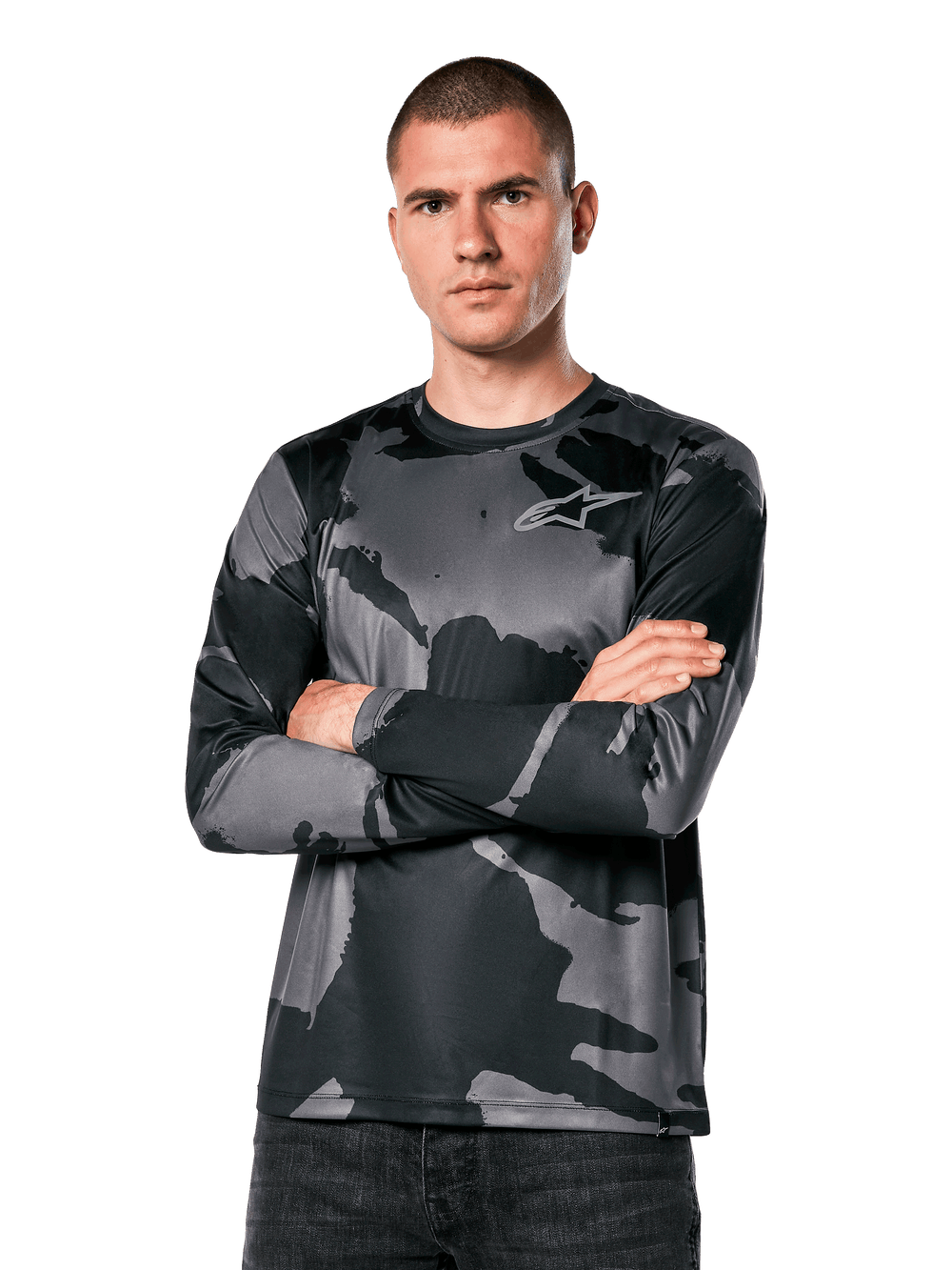 Alpinestars Camo Performance Tee - Long Sleeve, men's black and grey camo sportswear with moisture-wicking fabric.