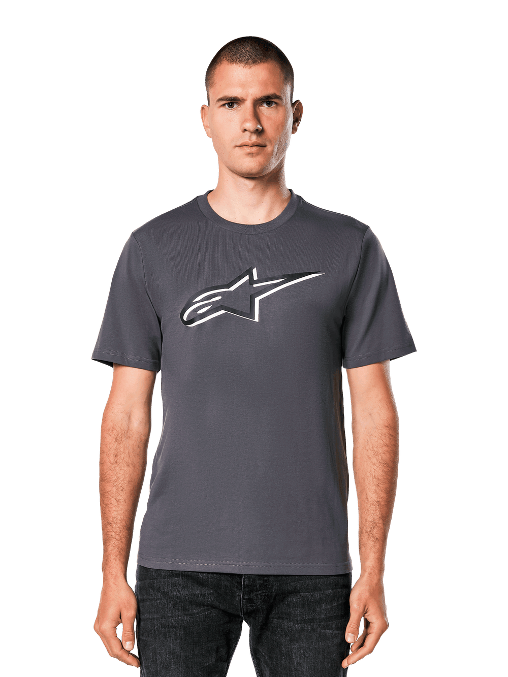 Alpinestars Ageless Shadow CSF T-Shirt, Charcoal Black with white and black front logo graphic, casual sportswear.