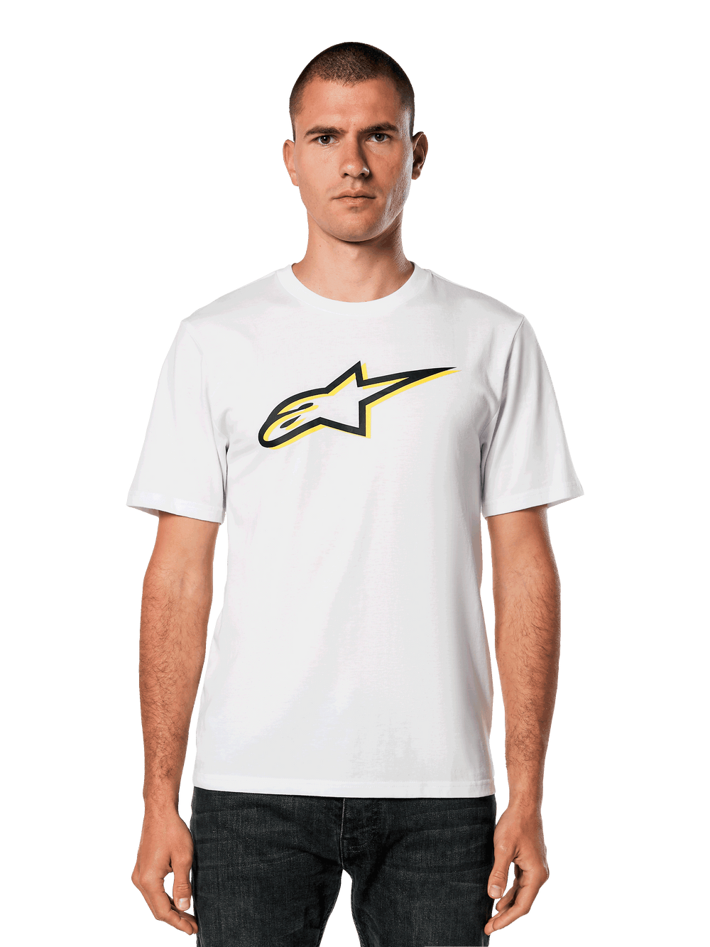 Alpinestars Ageless Shadow CSF Tee, White T-shirt with Black and Yellow Star Logo, Men's Short Sleeve Casual Tee, Motorsports Heritage Design