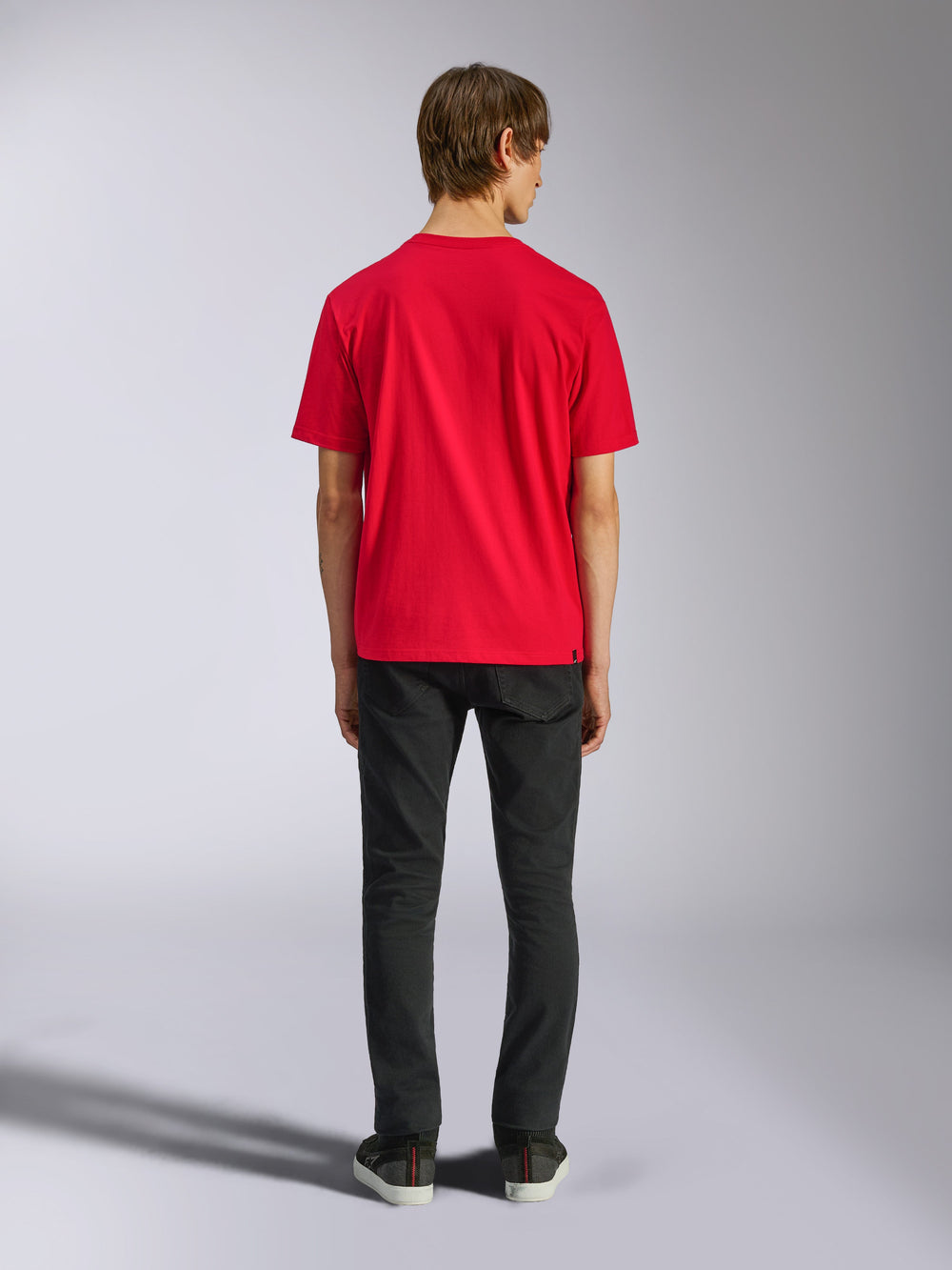 Alpinestars Ageless Shadow CSF Tee, Short Sleeve T-Shirt, Red, Back view on model paired with black pants, Casual Motorsport Streetwear