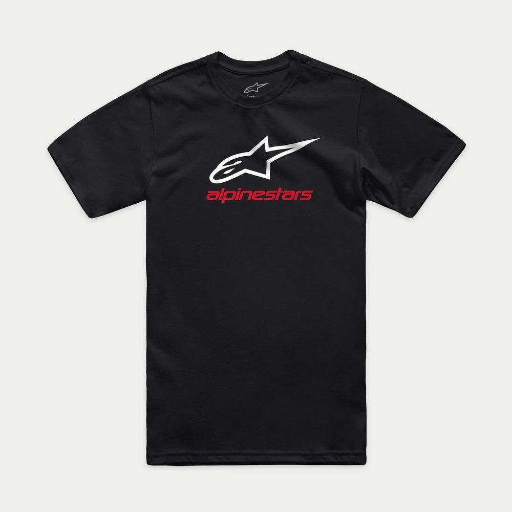 Alpinestars Always 2.0 CSF Tee, Short Sleeve T-Shirt, Black, White Star Logo with Red Alpinestars Text, Casual Motorsport Streetwear