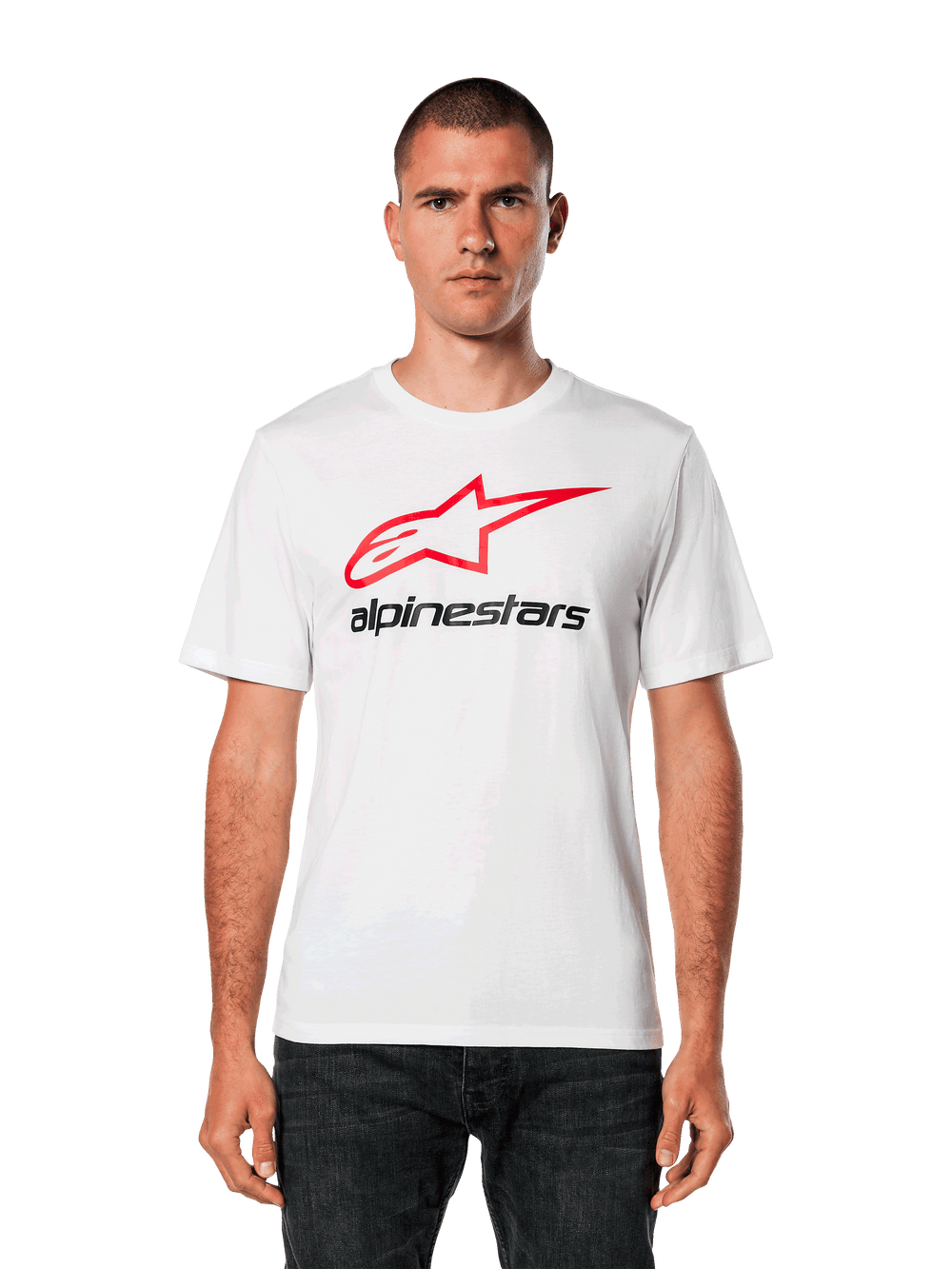 Alpinestars Always 2.0 CSF Tee, White Short-Sleeve T-Shirt, featuring a Red Star Logo and Black Alpinestars Text, Men's Casual Sportswear, worn by model