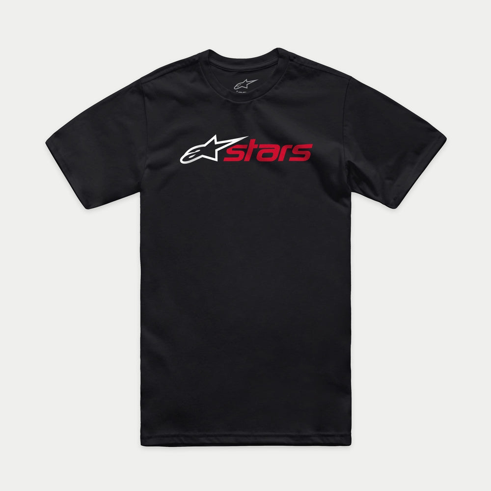 Alpinestars Blaze 2.0 CSF Tee, Short Sleeve T-Shirt, Black, White Star Logo and Red Stars Graphic, Casual Motorsport Streetwear