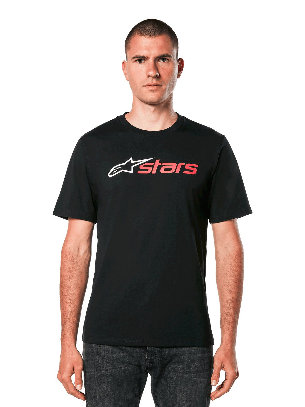 Alpinestars Blaze 2.0 CSF Tee, Black Short Sleeve T-Shirt, White and Red logo on chest, worn by male model with dark jeans, Casual Motorsport Sportswear