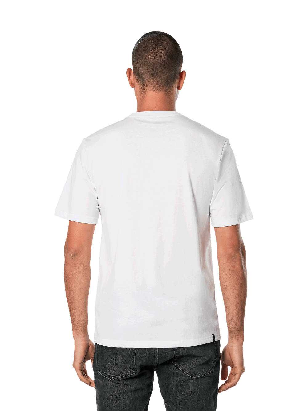 Alpinestars Blaze 2.0 CSF Tee, Short Sleeve T-Shirt, White Navy Blue, back view of a man wearing a plain white tee with black pants, casual motorsport streetwear
