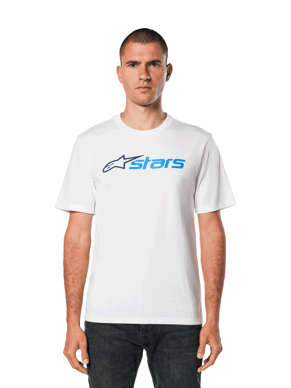 Alpinestars Blaze 2.0 CSF Tee, White Short Sleeve T-Shirt, Blue Alpinestars Logo Graphic, Casual Motorsport Streetwear, Worn with Dark Jeans