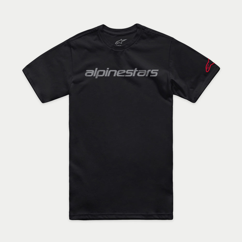 Alpinestars Linear Wordmark 2.0 CSF Tee, Short Sleeve T-Shirt, Black, Grey Wordmark on front and Red Ageless logo on sleeve, Casual Sportswear