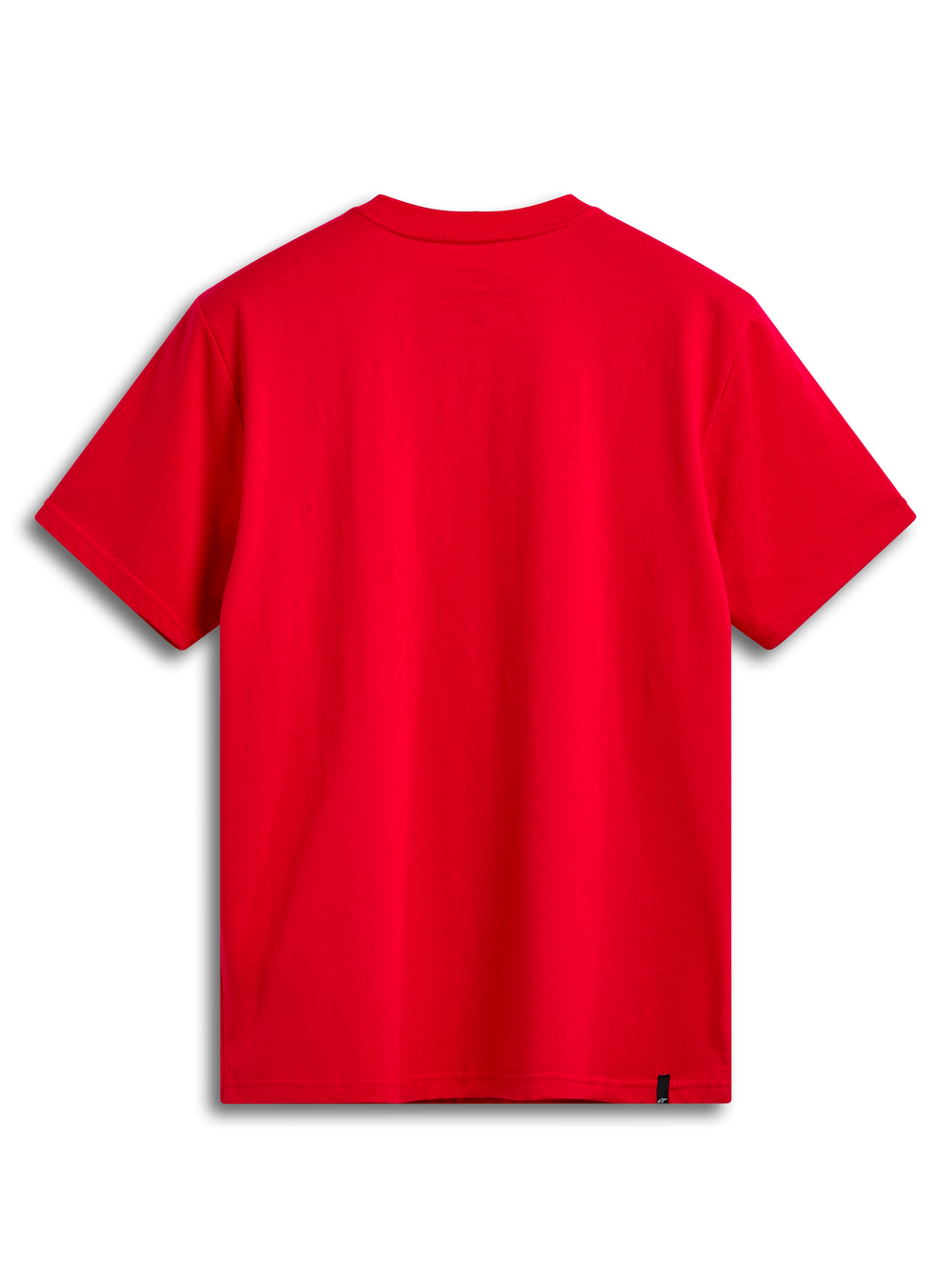 Alpinestars Linear Wordmark 2.0 CSF Tee, red short-sleeve sportswear t-shirt, back view showing internal neck print and external label