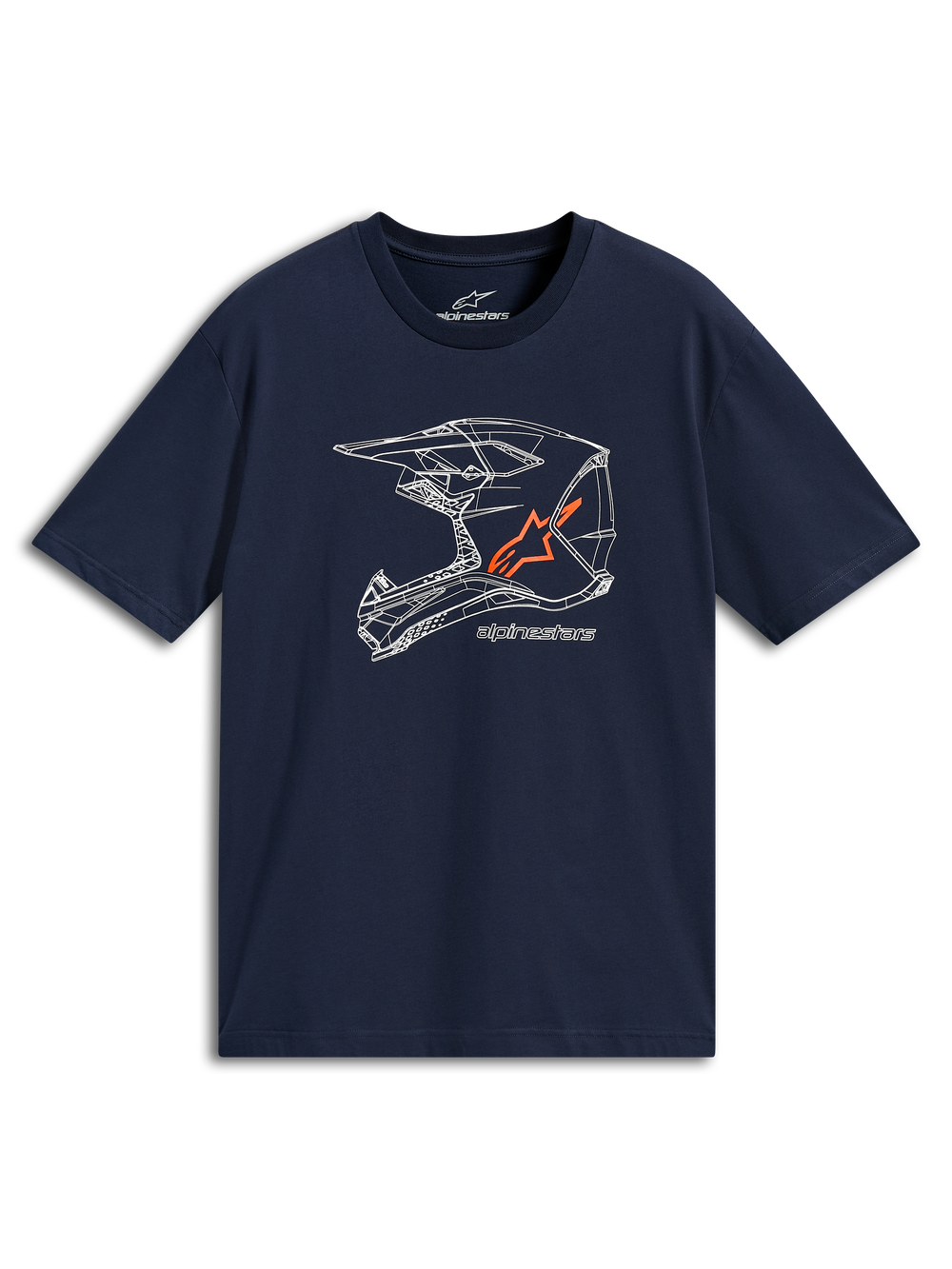 Alpinestars MX Helmet CSF Tee, Short Sleeve T-Shirt, Navy Blue, White MX helmet line art graphic with orange logo, Casual Motorsport Sportswear