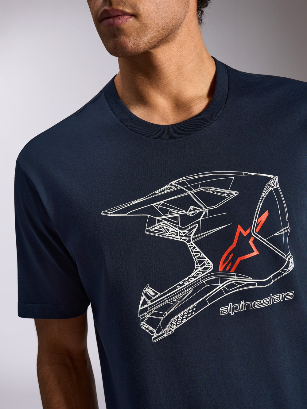 Alpinestars MX Helmet CSF Tee, Short Sleeve T-Shirt, Navy Blue, White Motocross Helmet Graphic with Red Star Logo, Casual Motorsport Sportswear