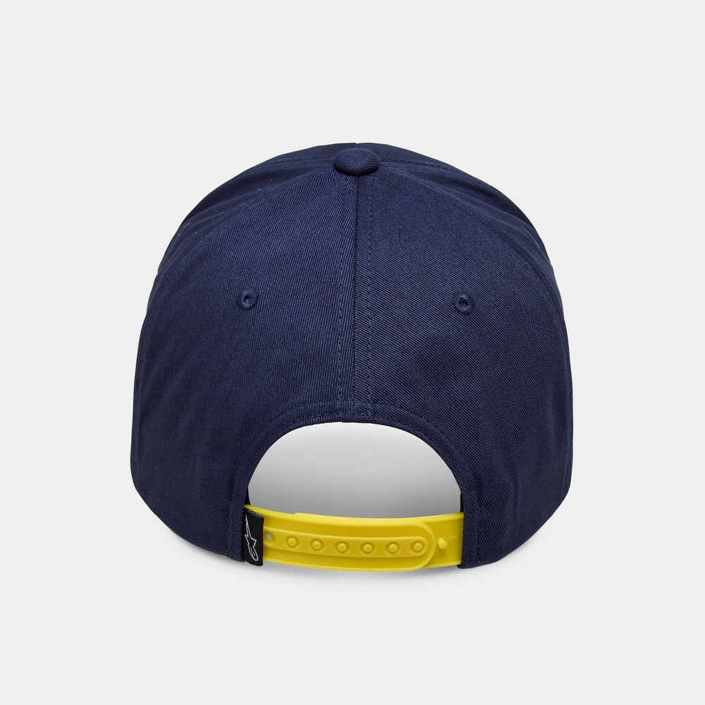 Alpinestars Par Hat, Navy snapback cap, rear view featuring a bright yellow adjustable strap and small black logo tag, structured crown in navy cotton twill, casual sportswear headwear