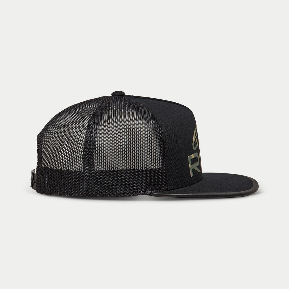 Alpinestars Ride 4.0 Camo Trucker Hat, Black, side profile view featuring breathable mesh back and flat bill, twill front with camo logo print, adjustable snapback design, casual motorsport headwear
