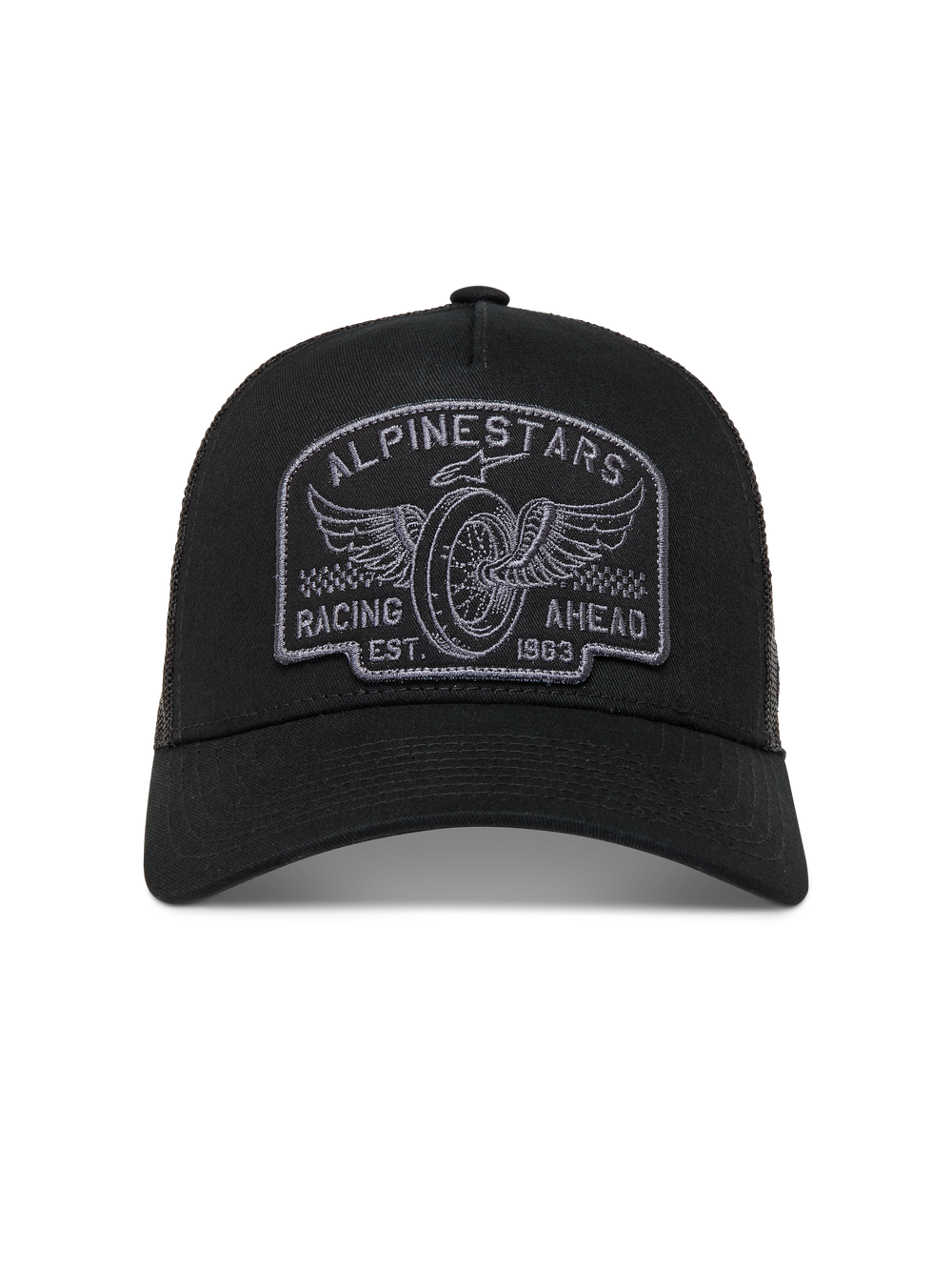 Alpinestars Heritage Patch Trucker Hat in Black and Gray, featuring a curved bill, mesh back, and embroidered racing logo.