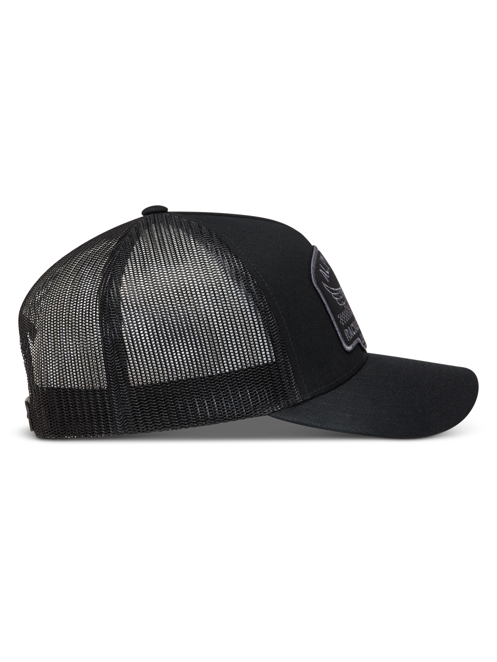 Alpinestars Heritage Patch Trucker Hat, side view of a Black and Gray sportswear cap with curved bill and mesh backing.