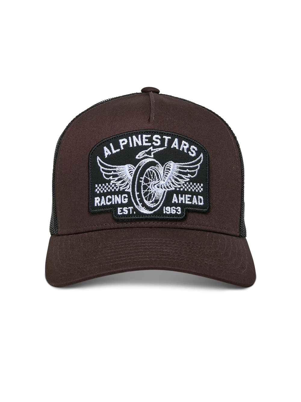 Alpinestars Heritage Patch Trucker Hat, Brown front with Black mesh back, curved bill and structured crown, large embroidered patch with winged wheel and 