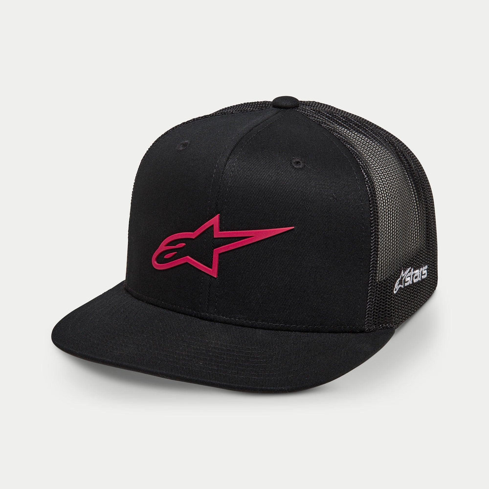 Alpinestars 3D Ageless Trucker Hat, Black and Red, featuring a red embroidered star logo on the front, black mesh back panels, flat bill, white side embroidery, casual motorsport-inspired headwear