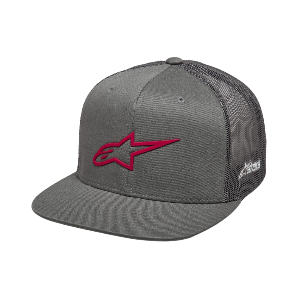 Alpinestars 3D Ageless Trucker Hat, Grey and Red, flat bill with structured crown, twill front and mesh back, featuring a bold red 3D embroidered logo on the front and white branding on the side, casual motorsport headwear