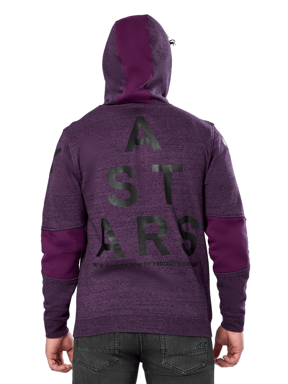 Alpinestars Perpetuate Hoodie, Purple heathered pullover fleece, back view featuring large black 'ASTARS' graphic and 'NEW INNOVATION TO PROTECT OUR FUTURE' text, solid purple fabric blocking on sleeves and hood, casual motorsport-inspired design