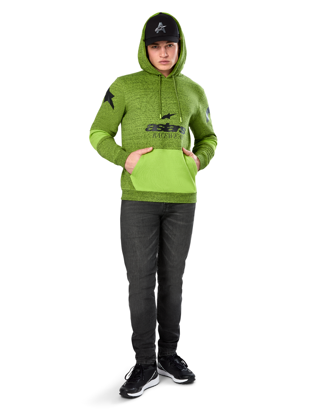 Alpinestars Perpetuate Hoodie, Lime Green heather pullover fleece with contrasting bright green kangaroo pocket and sleeve panels, black 'astars' front graphic, styled with a black cap and dark jeans, casual motorsport-inspired streetwear