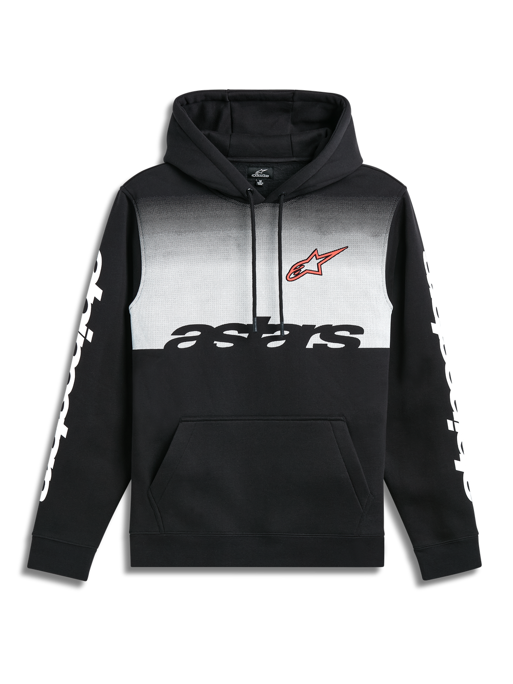 Alpinestars Specter Hoodie, black pullover fleece hoodie with a white gradation fade print, kangaroo pocket, red front logo and white wordmark logos on the sleeves