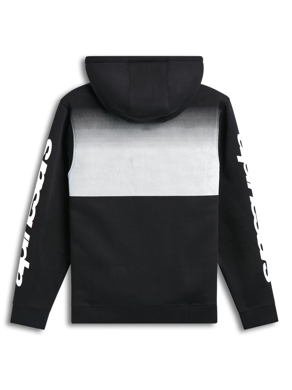 Alpinestars Specter Hoodie, black and white fleece pullover hoodie, rear view showing gradation fade print and sleeve wordmark branding