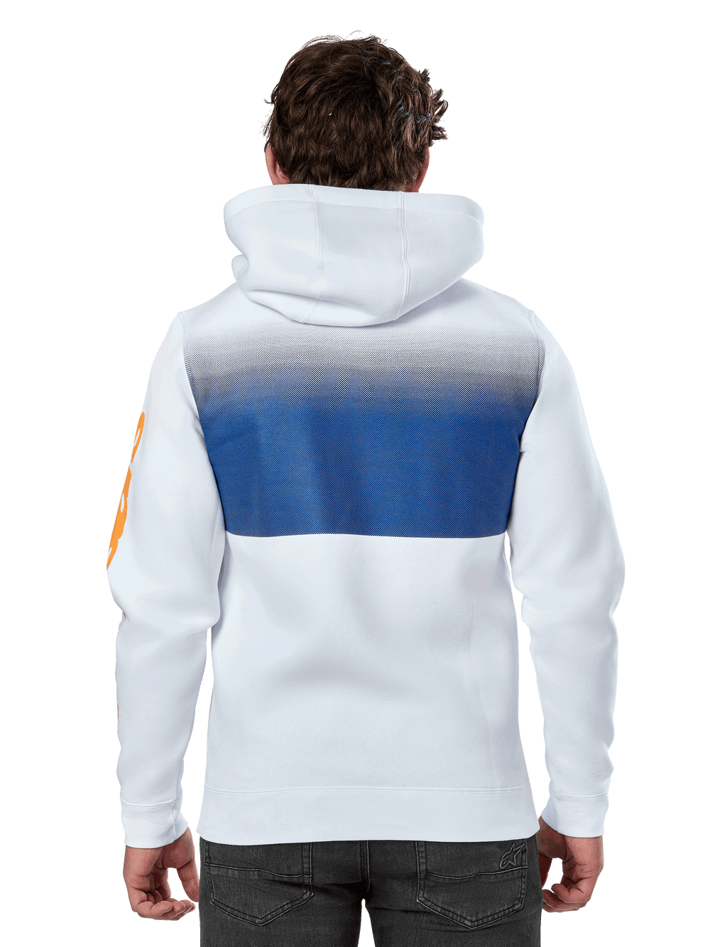 Alpinestars Specter Hoodie, White, casual streetwear hoodie with a blue gradation fade print on the back, orange wordmark logo on the sleeve, back view