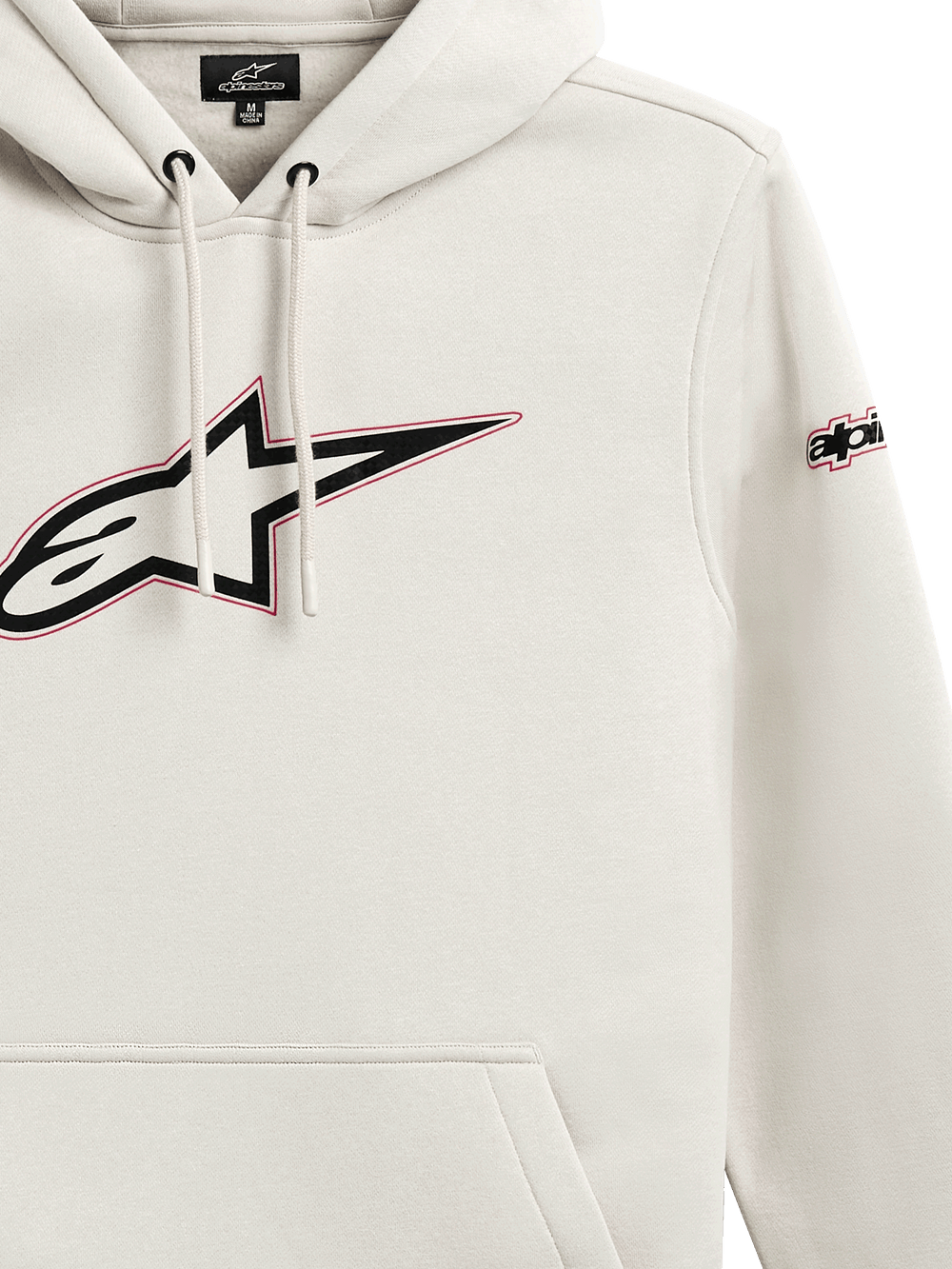 Alpinestars Insignia Hoodie, Casual Pullover Fleece, Off White, Large Astars Chest Logo with Red Outline, Sleeve Branding, Drawstring Hood, Kangaroo Pocket, Motorsport-Inspired Design