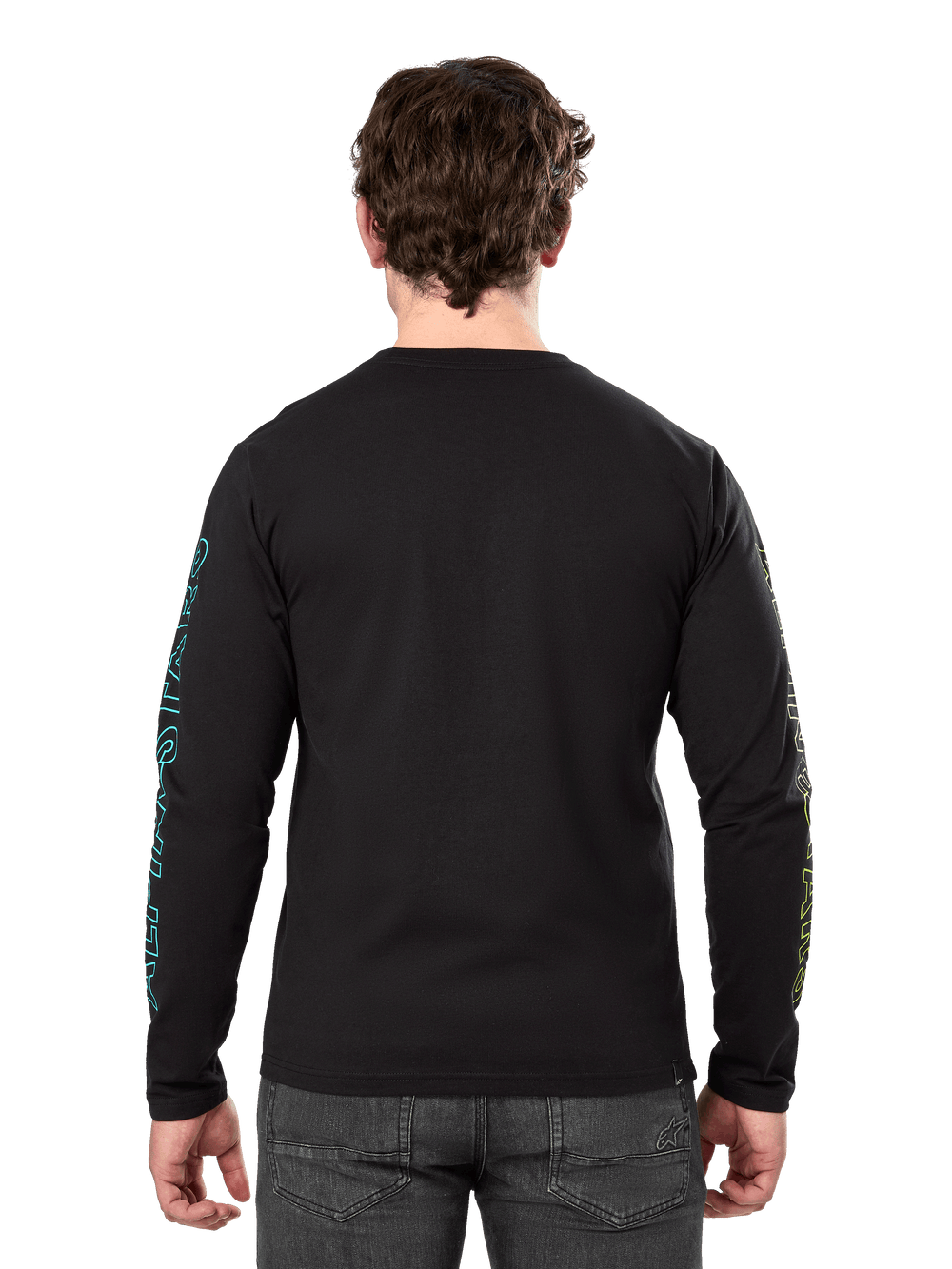 Alpinestars Ayess Csf Tee, Long Sleeve T-Shirt, Black, rear view showing blue and yellow printed graphics on sleeves, casual motorsport streetwear