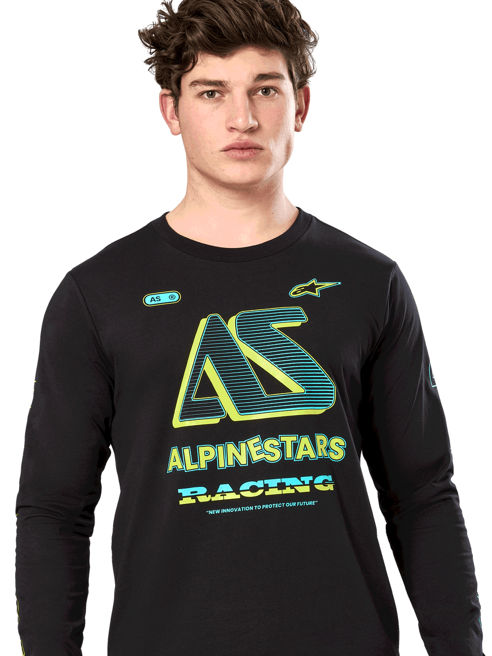Alpinestars Ayess Csf Tee, Long Sleeve T-Shirt, Black, stylized AS graphic with neon yellow and teal accents, ALPINESTARS RACING branding, casual motorsport streetwear