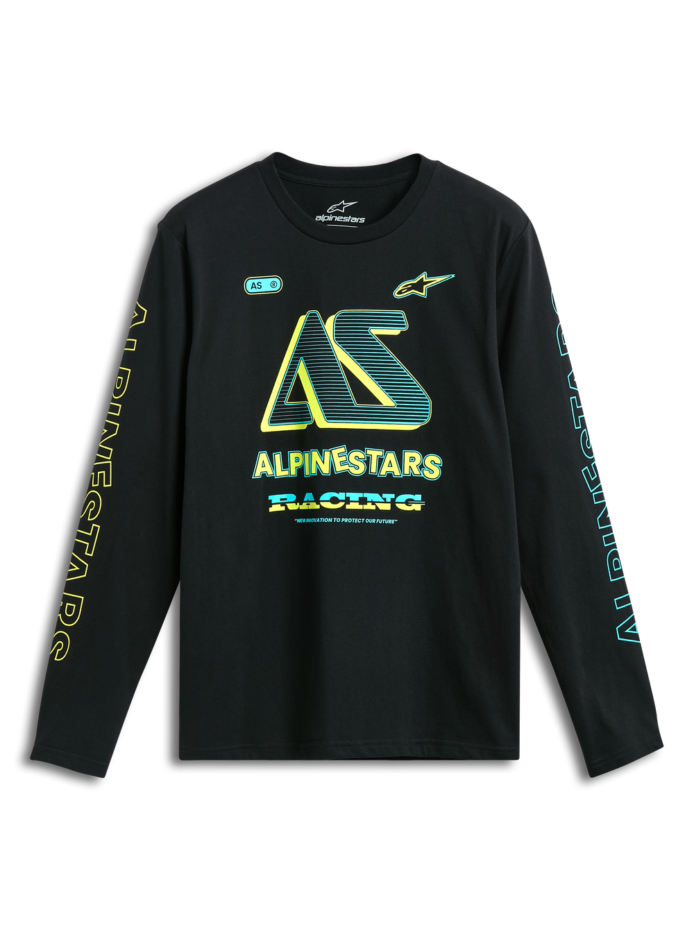 Alpinestars Ayess CSF Long Sleeve Tee, Black sportswear t-shirt featuring yellow and blue chest and sleeve logo graphics