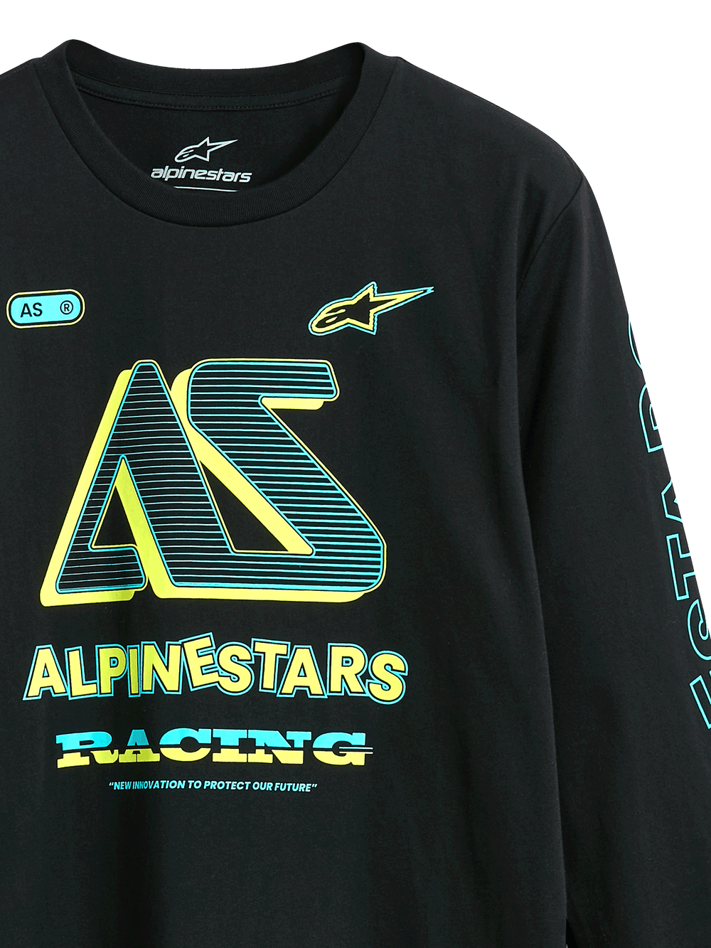 Alpinestars Ayess CSF Tee, Long Sleeve T-Shirt, Black, Front graphics with 'AS' logo and 'Alpinestars Racing' in yellow and cyan, casual motorsport-inspired streetwear