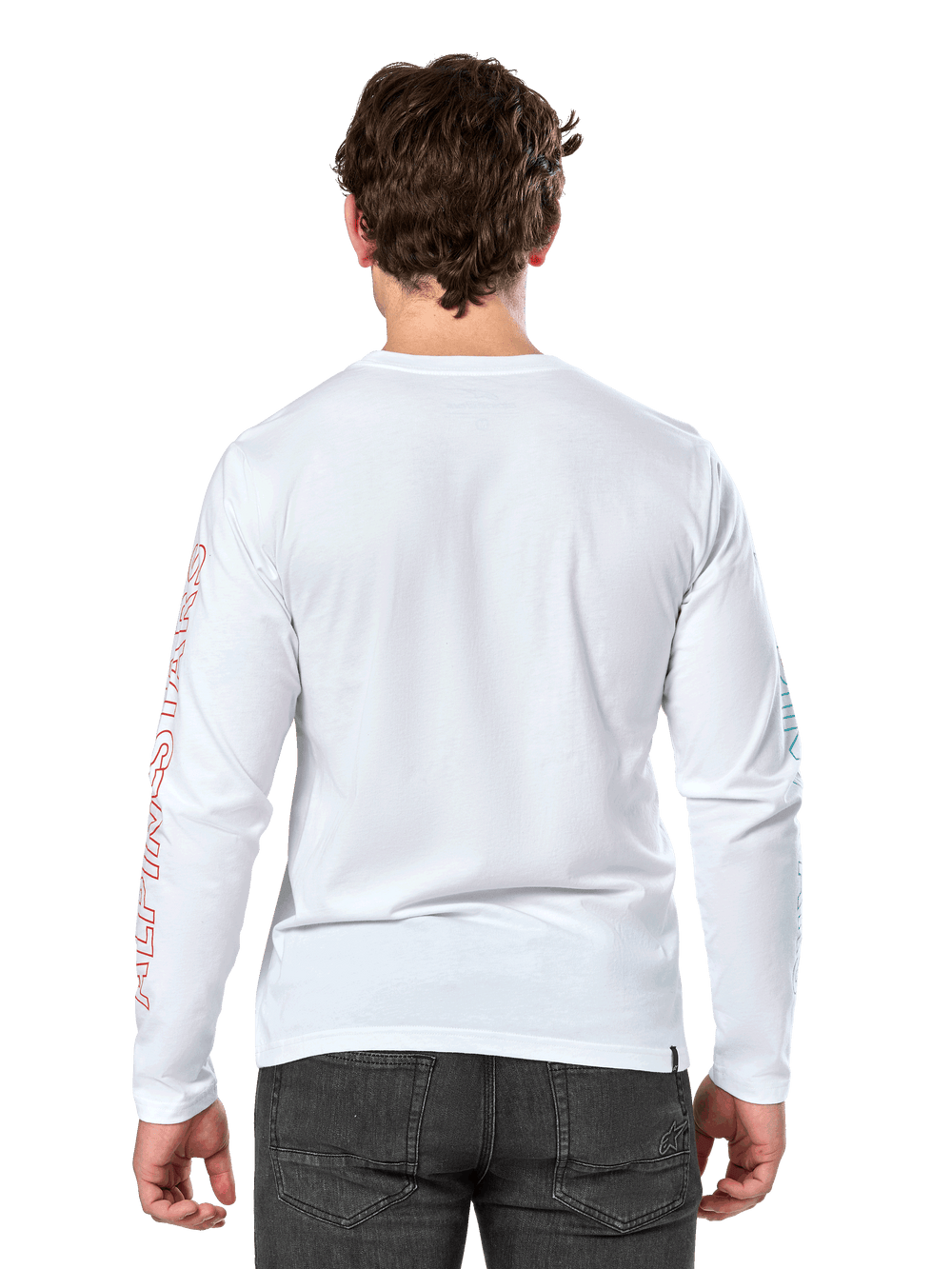 Alpinestars Ayess Csf Tee, Long Sleeve T-Shirt, White, Back View, featuring red Alpinestars lettering on the right sleeve and blue graphics on the left sleeve, casual motorsport-inspired streetwear