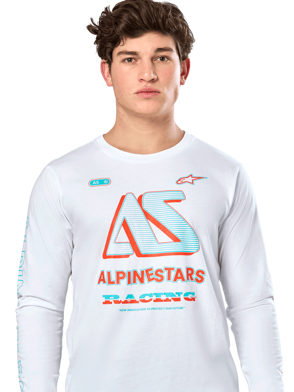 Alpinestars Ayess CSF Tee, Long Sleeve T-Shirt, White, featuring a large teal and orange 'AS' graphic with 'ALPINESTARS RACING' text, casual motorsport streetwear