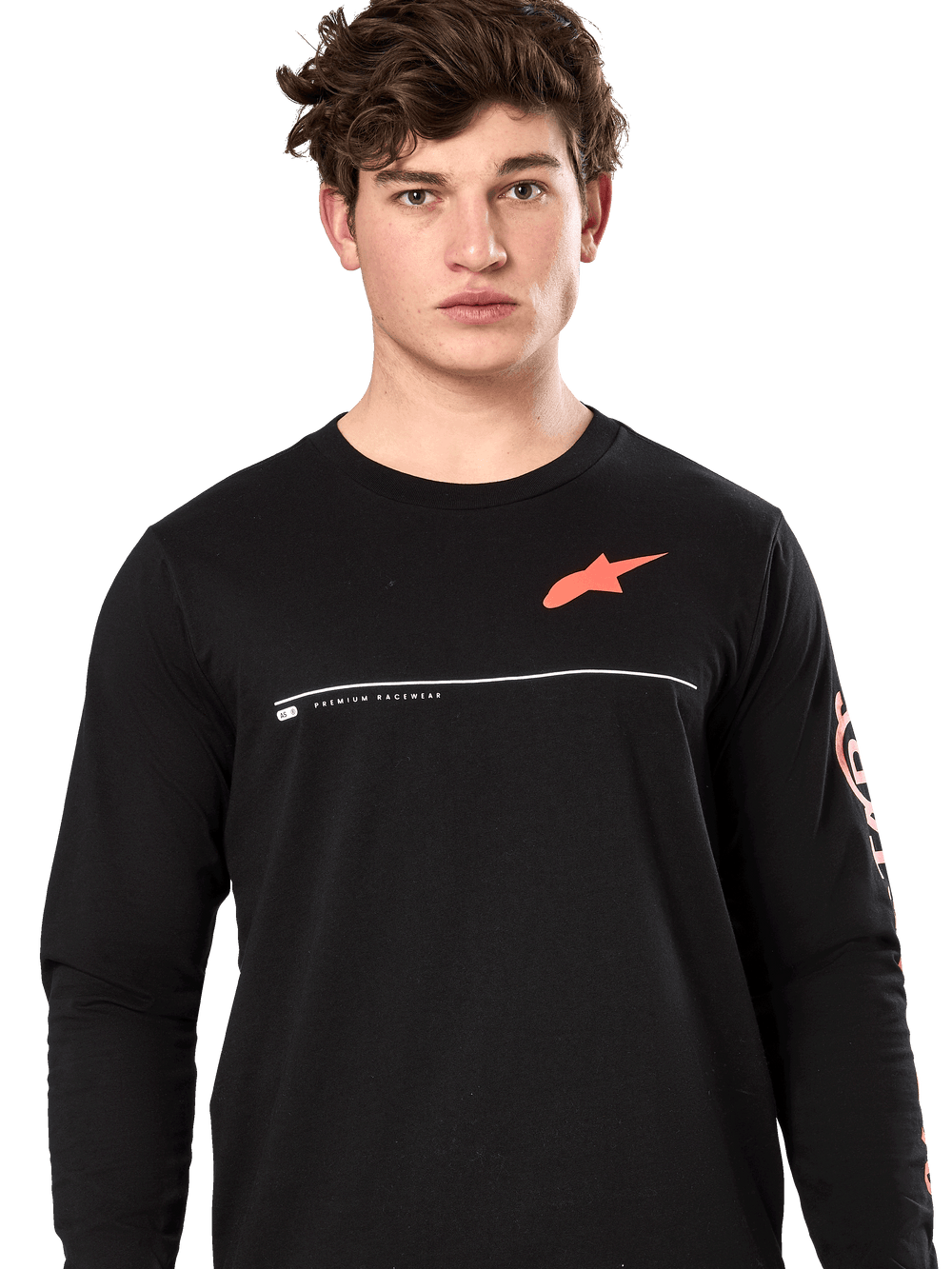 Alpinestars Committed CSF Tee, Long Sleeve T-Shirt, Black, male model wearing tee with orange Astars chest logo and white 'Premium Racewear' graphic, casual motorsport streetwear